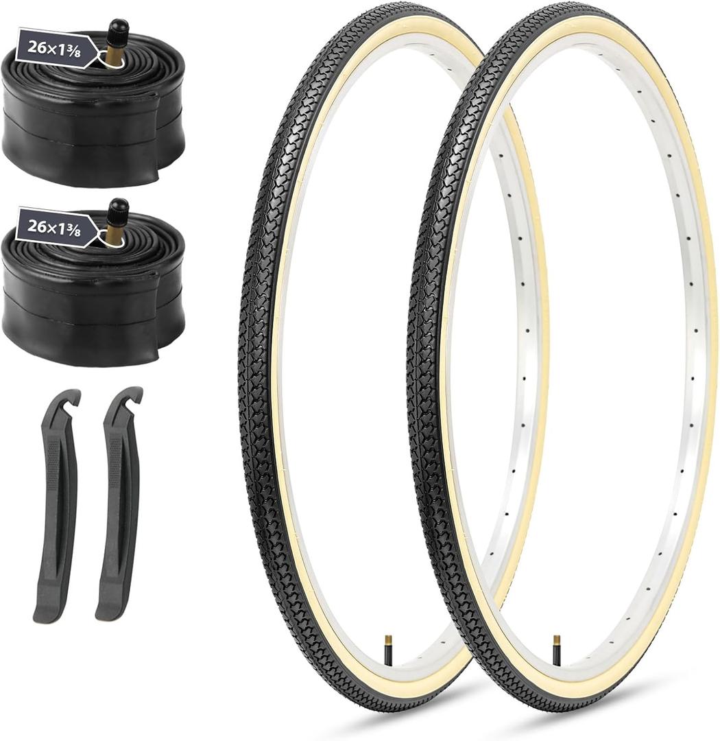 MOHEGIA 26x1 3/8 Inch Bike Tires (37-590 mm) - 2-Pack Folding Replacement Tires with Inner Tubes, Schrader Valve & Tire Levers for Vintage Urban Bicycles