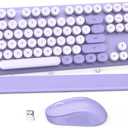 Wireless Keyboard and Mouse Combo, Cute Round Keycaps, Full-Size Retro Typewriter Keyboard with Detachable Wrist Rest, 2.4GHz Cordless Connection for Mac/Windows/PC/Laptop (Purple-Colorful)