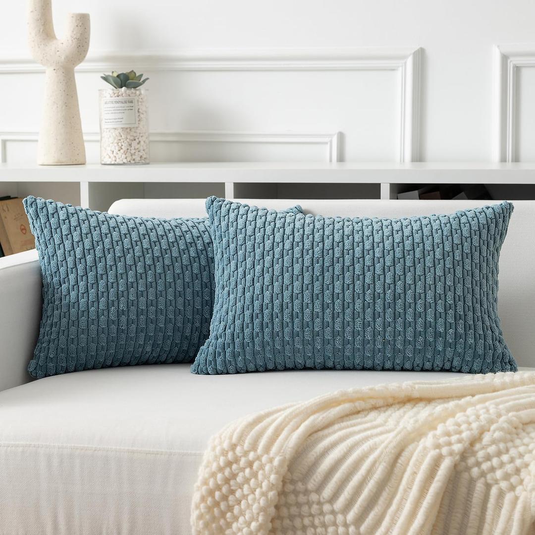 Kevin Textile Throw Pillow Covers Soft Corduroy Decorative Set of 2 Boho Striped Pillow Covers Pillowcases Farmhouse Home Decor for Couch Bed Sofa Living Room 12x20 Inch Blue Grey