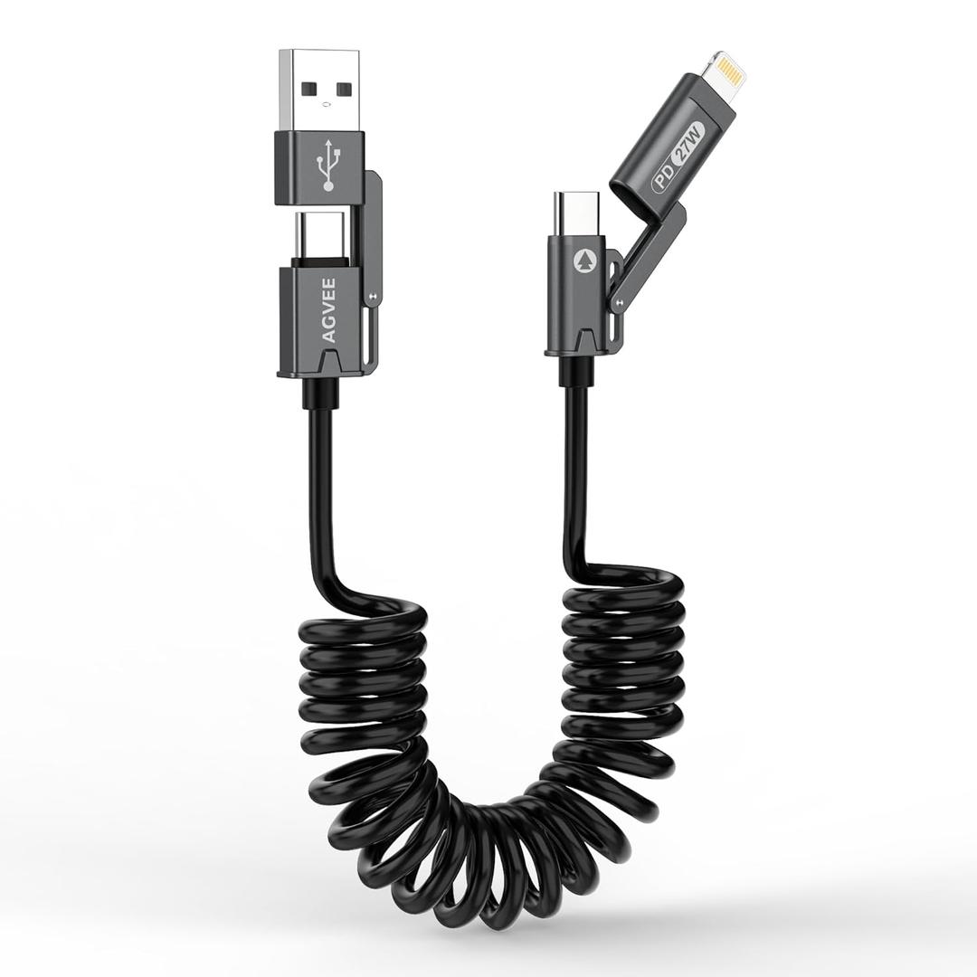 AGVEE 3ft 4-in-1 Coiled Multi USB C Charging Cable, Secure-Slide No-Loss Adapters, Slim Tips Fit Thick Cases, Lightning End Reinforced, PD 60W for iPhone Carplay, Samsung, iPad, Black