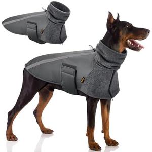 SlowTon Winter Dog Coat, Warm Polar Fleece Lining Doggie Outdoor Jacket with Turtleneck Scarf Reflective Stripe Adjustable Waterproof Windproof Puppy Vest Soft Pet Outfits (XXL,Grey)