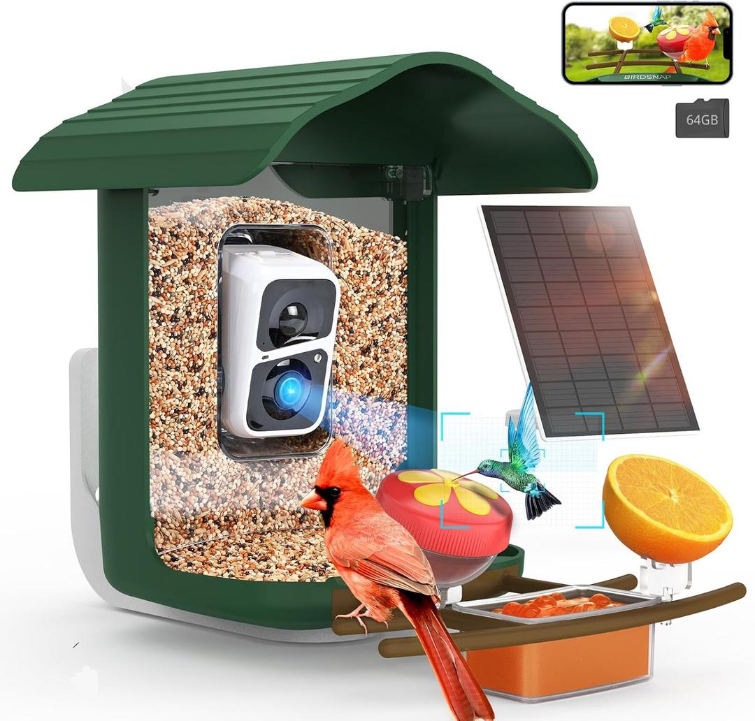 birdsnap PAV-Bird Feeder with Camera,2K HD with 64GB Card, AI Identify Smart Bird House Cam Solar Panel,Live Stream,Motion Detection,Auto Record Video for Backyard Outdoors,Ideal Gift for Bird Lover (Dark Green)