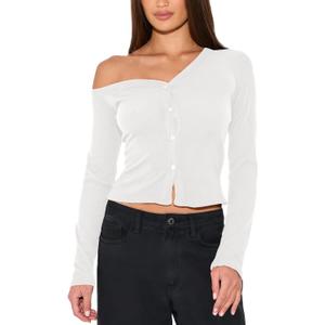Women's Off The Shoulder Cropped Cardigan Sweaters Long Sleeve Button Down Ribbed Slim Fit Going Out Shirts Fall (White, M)