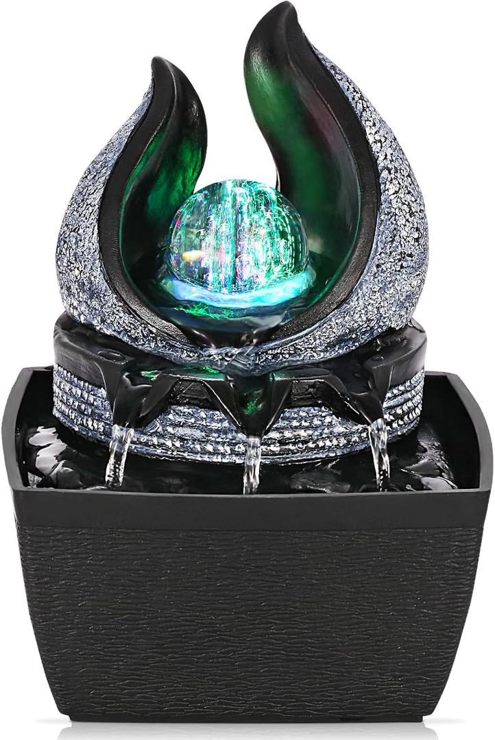 Tabletop Water Fountains Indoor, 3 Gears Desktop Fountain with Led Rolling Ball, Table Top Small Water Feature Interior Zen Relaxation Decor for Home Bedroom Living Room Office Apartment 5.2"L x 4.8"W x 7.3"H