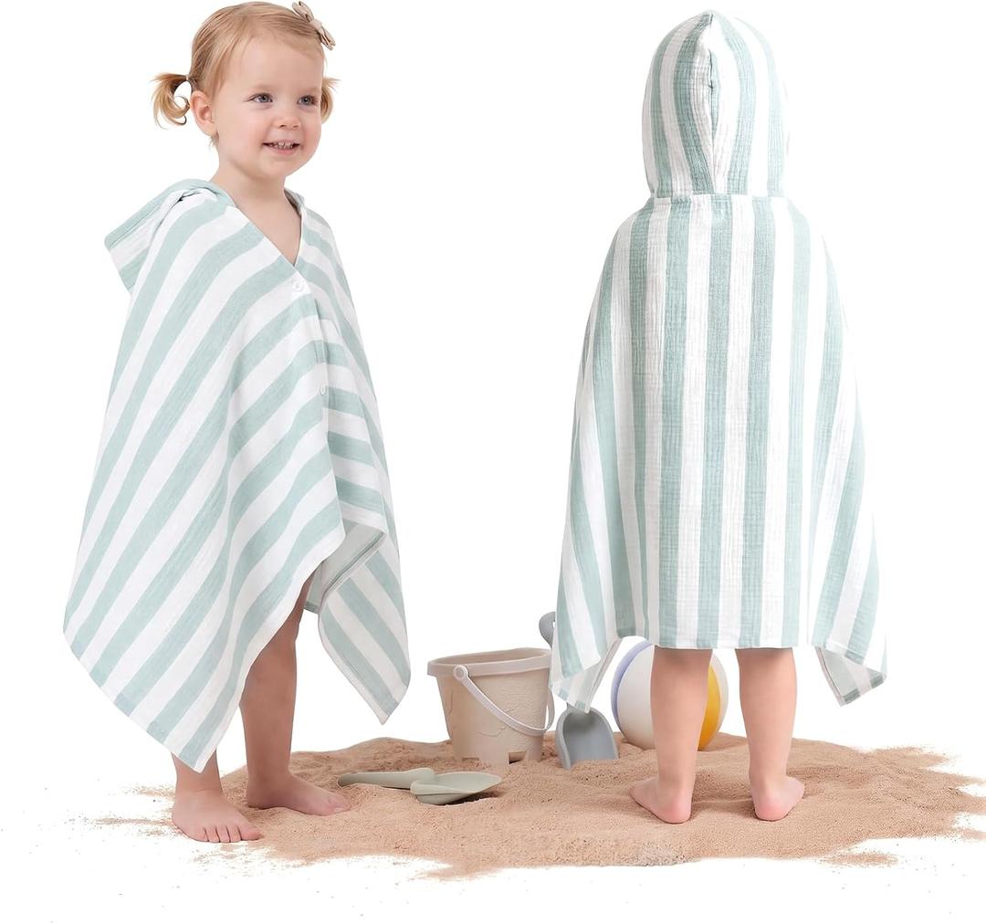 Mindsoft Muslin Hooded Beach Towel for Kids 1-3 Years 30" x 50" Toddler Beach Towel Poncho Soft Fast Drying Absorbent Blankets for Baby Shower Pool Bath Travel Swimming Essentials(Green)