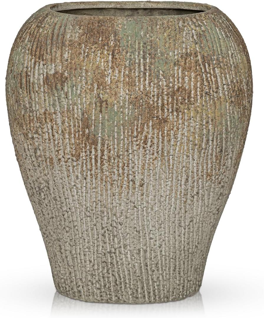 Slim Flat Ceramic Vase for Home Decor, 13" Ribbed Modern Flower Vase, Space-Saving Narrow Decorative Vase for Pampas Grass Artificial Flowers, Farmhouse Boho Table Centerpiece, Mosstone