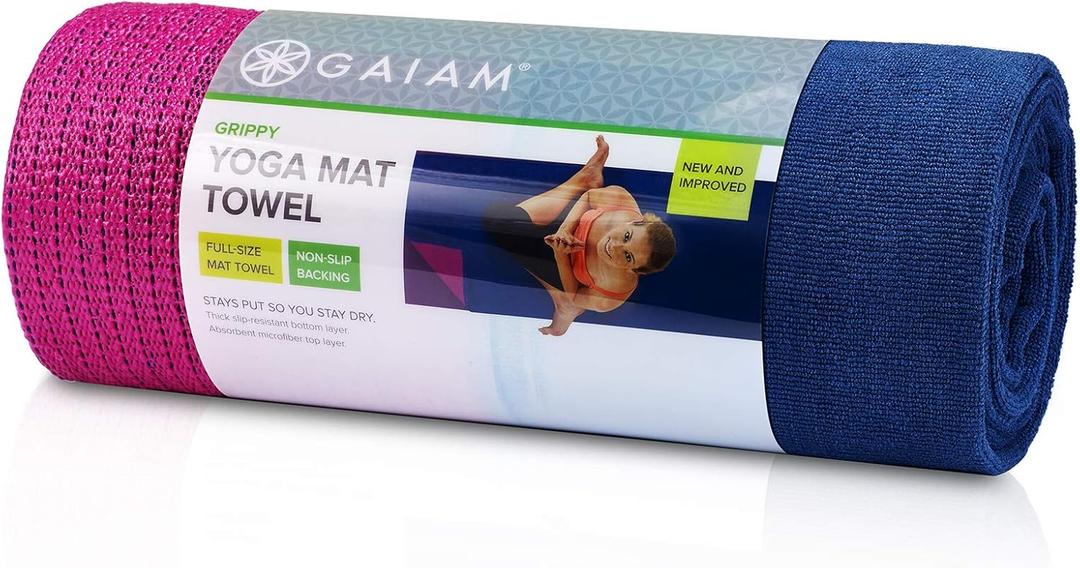 Gaiam Grippy Non Slip Yoga Mat Towel - Fast Drying Towel - Ideal for Hot Yoga - Microfiber and Machine Washable - Grip Backing - Vivid Blue/ Fuchsia - 68" L x 24" W