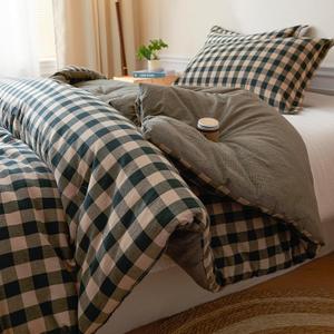 Cyusri Cotton Plaid Full Comforter Set - Soft Lightweight Bedding 3 Pieces Dyed Bed Set with 2 Pillow Shams,Reversible All Season Farmhouse Down Alternative(Full Size 80"x90" Dark Green)