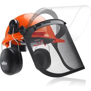 NoCry 6-in-1 Industrial Chainsaw Helmet with Face Shield and Ear Muffs — Mesh & Clear Plastic Visors Included — ANSI Z89.1 Certified — Adjustable Headgear — Ideal for Forestry and Arborist Work