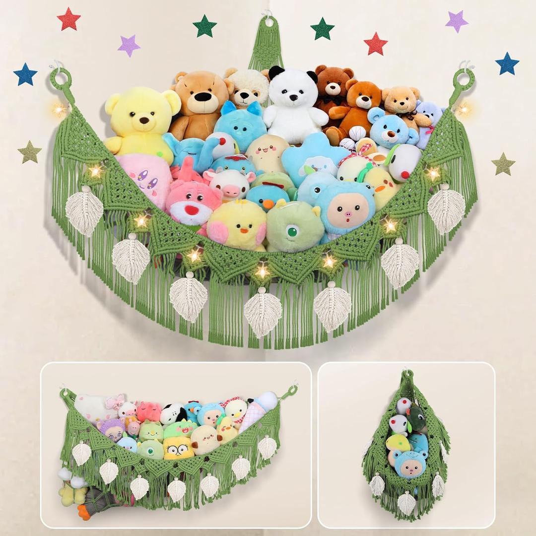 Stuffed Animal Hammock Corner, 56'' Large Boho Leaf Macrame Wall Mount Toy Hammock, Hanging Net Organizer for Teddy Plush, Avocado Green Nursery Toy Net w/Star Lights for Kid Girls Boys Gift