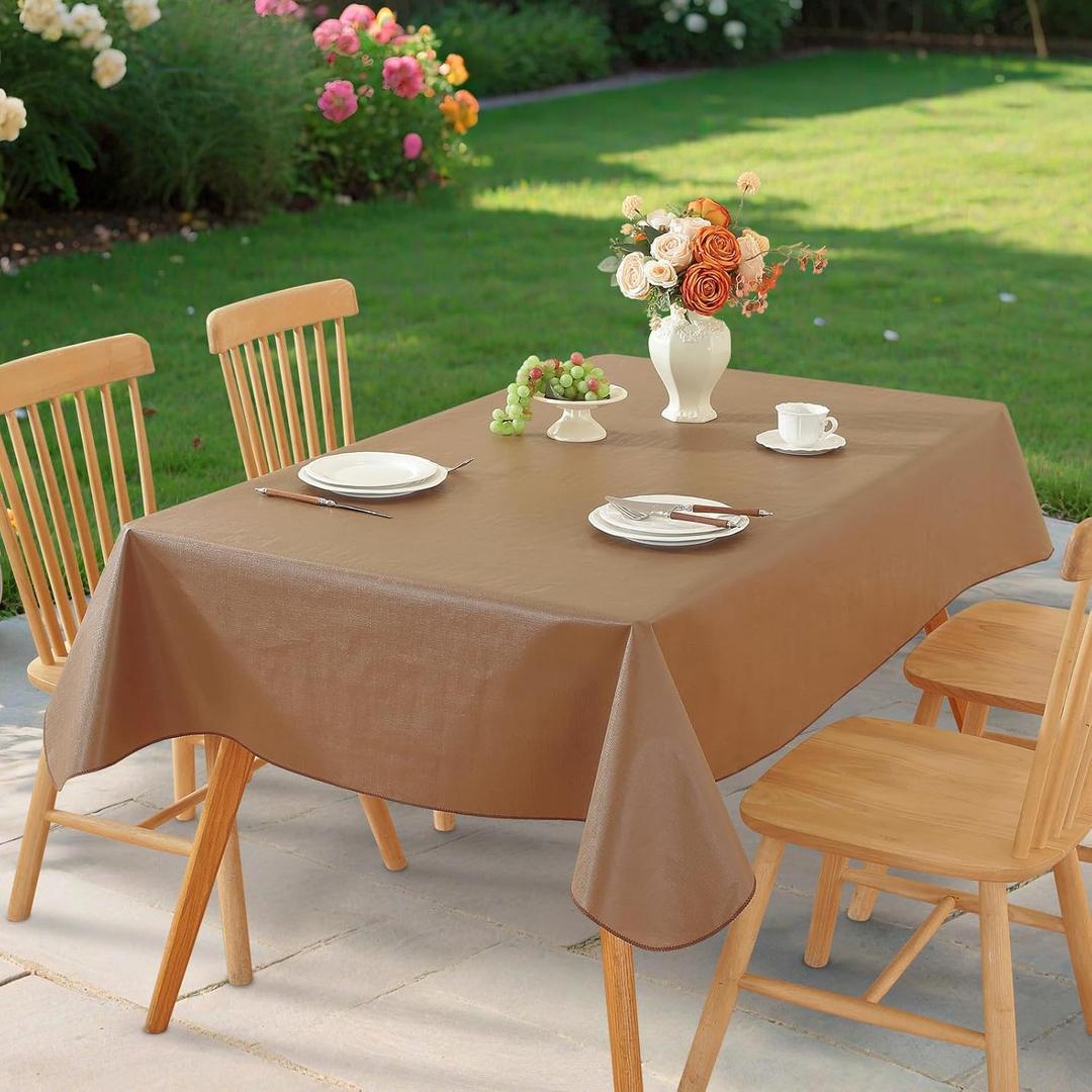 Rectangle Table Cloth, Waterproof Vinyl Tablecloth with Flannel Backing, Wipeable Reusable Rectangular Plastic Tablecloths for Dining, Camping, Indoor and Outdoorr (Dark Coffee, 60" x 102")