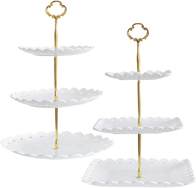 2 Pack of Plastic Square Dessert Cupcake Stand, 3 and 2 Tier Cup Cake Holder Tower for Tea Party/Birthday/Wedding, Plastic Tiered Serving Tray