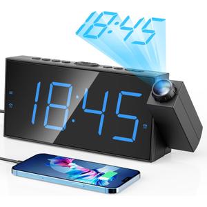 Digital Projection Alarm Clocks for Bedrooms - Large LED Display, 180 Rotatable Projector, 5-Level Dimmer,USB Charger,Battery Backup,Loud Dual Alarms for Kids Elderly,Heavy Sleepers,Snooze,12/24H,DST (Blue Digits; Blue Projection)