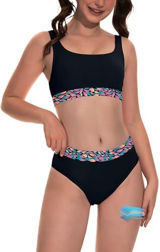Beautikini Period Swimwear for Teens Two Piece Menstrual Leakproof Swimsuit Bikini Set Mid Waist Print Bathing Suit for Girls, XS
