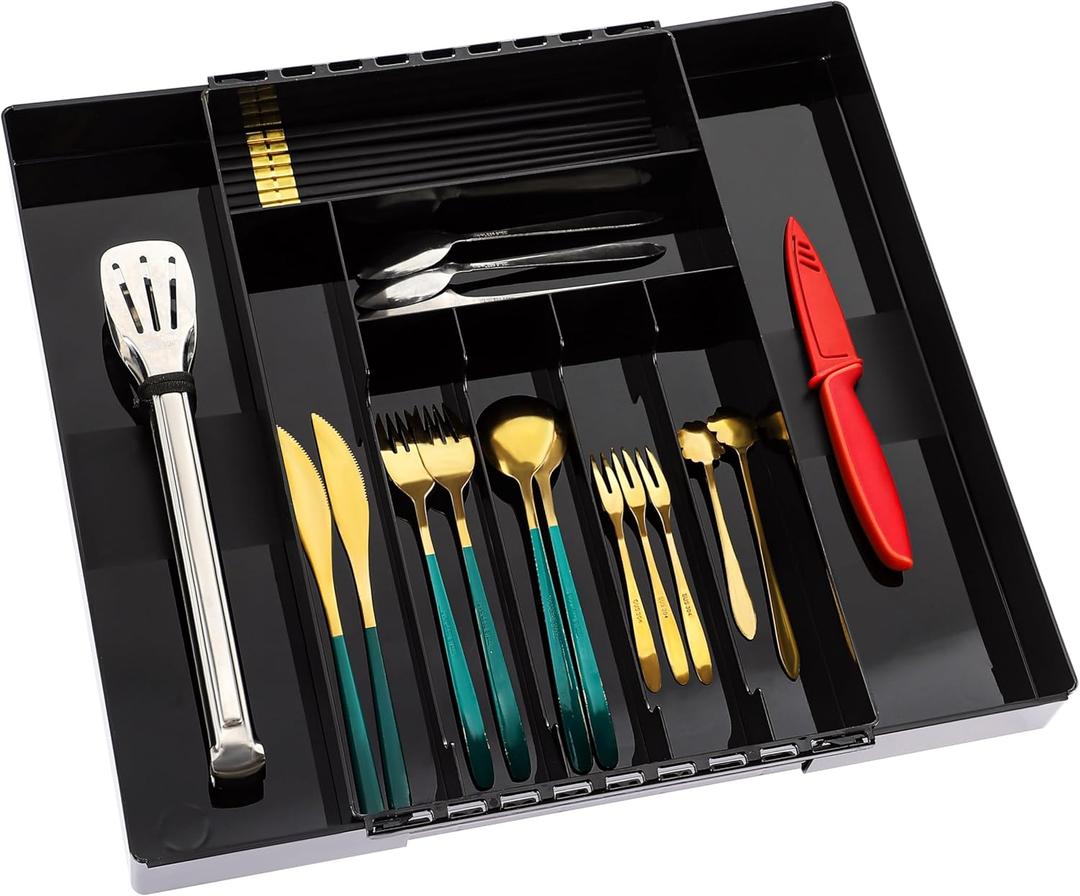 2 x IEEK Kitchen Drawer Organizer for Cutlery and Utensils,Adjustable Silverware Drawer Organizer Tray,Kitchen Storage Divider for Spatula Tools,Gadgets,Forks,Knives,Spoons and Chopsticks,Black-L