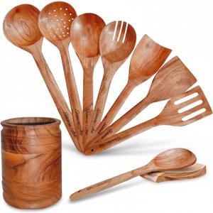Wooden Cooking Utensil Set of 9  Natural Mango Wood Kitchen Tools with Holder & Spoon Rest | Nonstick Safe, Heat-Resistant, Eco-Friendly Wooden Spoons & Spatulas for Cooking & Serving