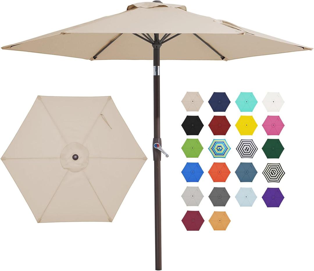 JEAREY 7.5FT Patio Umbrella Outdoor Market Umbrella with 6 Sturdy Ribs, Push Button Tilt/Crank Table Umbrella for Garden, Deck, Backyard and Pool, Beige