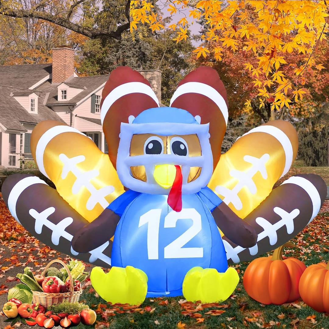 Gardwin 8FT Long Thanksgiving Inflatables Turkey Decorations,Blow up Turkey Inflatable with Built-in Led Lights,Football Inflatable Turkey Outdoor for Outdoor Garden Lawn Decor