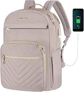 VANKEAN 15.6 Inch Laptop Backpack for Women Work Bag Fashion with USB Port, Waterproof Stylish Travel Bags Casual Daypacks for College, Business, Light Dusty Pink