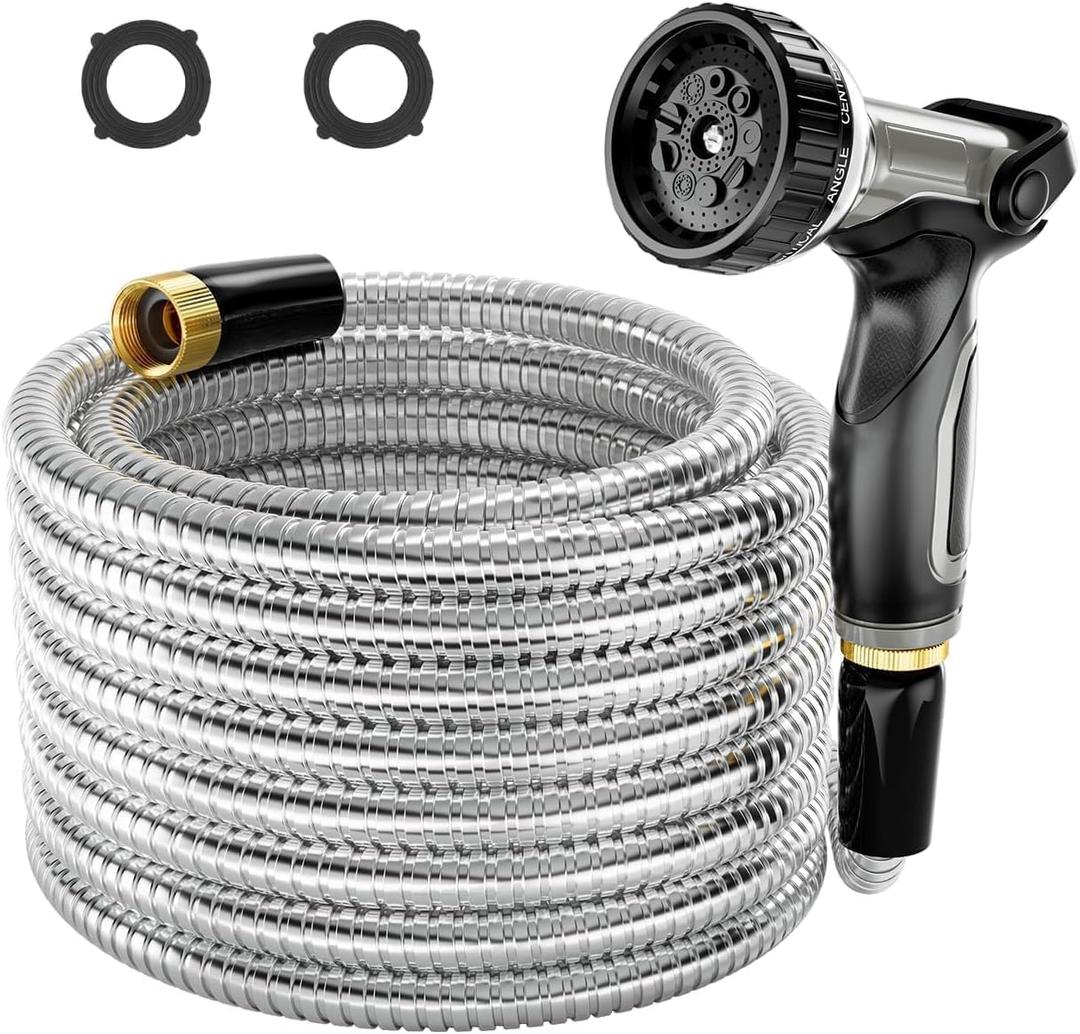 1/2" 304 Stainless Steel Garden Hose, 25FT Water Pipe with Heavy Duty Metal Nozzle for Yard, Outdoor, Lawn - Flexible, Never Kink & Tangle, Puncture Resistant