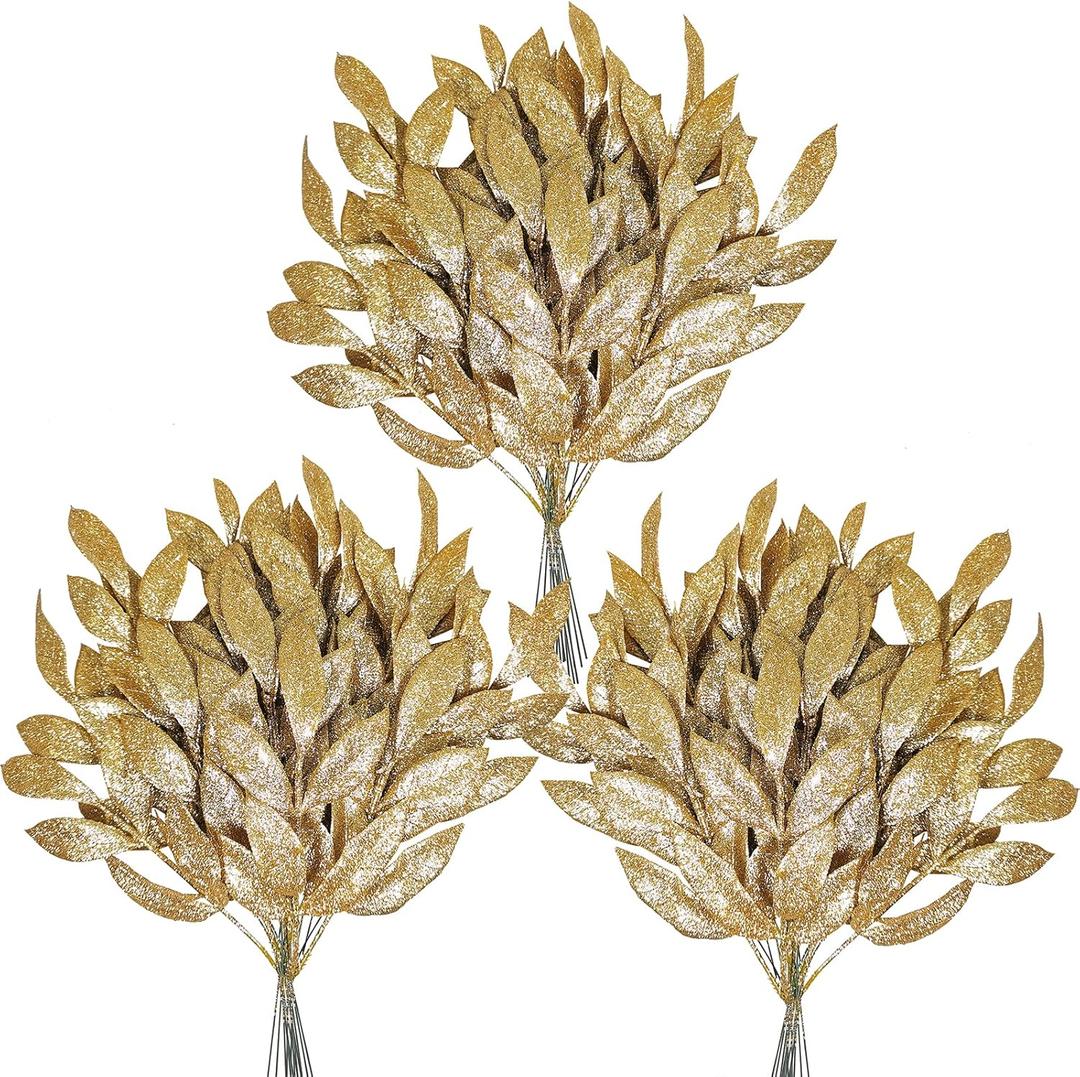 40 Pieces Gold Glittered Artificial Leaf Spray Picks 12" Tall for Christmas Winter Wedding Wreath Tree Swag Floral Arrangeme Vase Bouquets Table Centerpieces Decoration