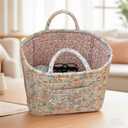 Boho Fabric Storage Basket Quilted Floral Print Baskets Organizer Bin with Handles for Home, Picnic, Shopping (Blue, L)