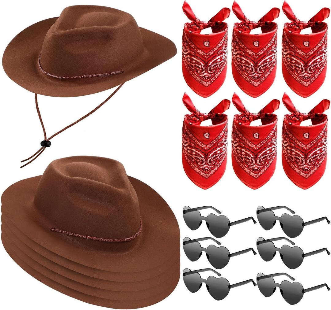 Newcotte 18 Pcs Western Cowboy Hat Set Include 6 Felt Cowgirl Hats 6 Paisley Bandanas 6 Pairs Heart Glasses for Party Costume