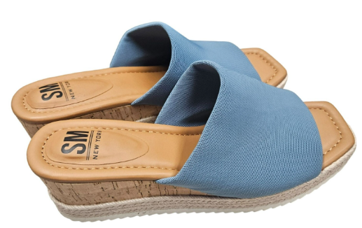 SM New York NIB Blue Wedge Mule Sandals Cork Platform Textile Upper US 8