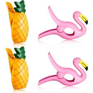 Set of 4 Beach Towel Clips Jumbo Size Beach Chair Clips Towel Holder Clothes Hat Pegs for Cruise Pool Patio Holiday Vacations or Daily Use(Flamingo and Pineapple Style)
