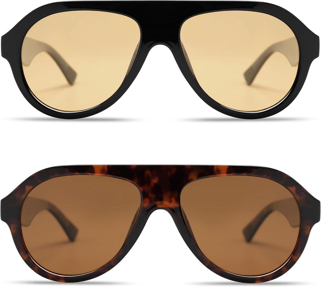 VANLINKER Retro Aviator Polarized Sunglasses for Men Women Trendy 70s Vintage Plastic Frame Sun Glasses VL9750 (2pcs -Black/Yellow+brown Tortoise/Brown)
