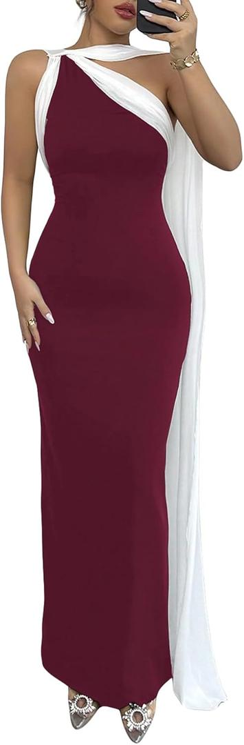 GORGLITTER Women's Formal Bodycon Maxi Evening Dress One Shoulder Sleeveless Cocktail Elegant Classy Dresses with Scarf (Medium, Burgundy)
