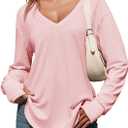 Tankaneo Womens Deep V Neck Tunic Tops Long Sleeve Oversized Casual Loose Fit Curved Hem T Shirts (Small, Pink)