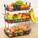 3 Tier Fruit Basket with 2 Banana Hooks, Large Capacity Multifunctional Detachable Sturdy Fruit Bowl with Wooden Handle Mesh Top for Kitchen Counter, for Bread Snacks Vegetables Produce, Black