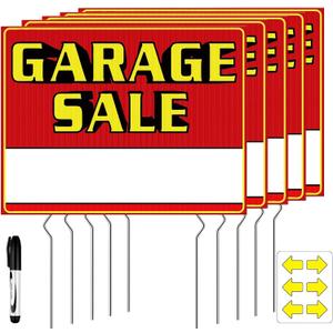 Garage Sale Signs with Stakes, Double Sided 5 Pack 17 x 13 Inch Yard Sale Signs, Waterproof Corrugated Plastic Sale Signs Kit with 10 Metal Stakes, Arrow Stickers and Marker for Outdoor Garage Sale, 5 Pcs