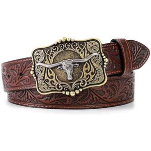 LALATCH Cowboy Cowgirl Belt Western Belts for Men Women Floral Engraved Longhorn Bull Buckle Belt for Jeans, Wasit 28"-32"