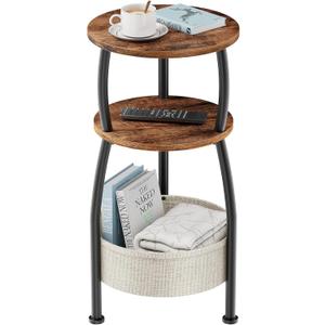 Yuede Small Side Table for Small Spaces with Storage Basket, Round End Table 3-Tier NightStand Sofa Corner Table for Living Room, Bedroom, Patio and More 24in Tall Rustic Brown (11.81" Dia)