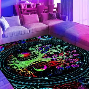 Neon Tree of Life Area Rug, Large Blacklight UV Reactive Throw Rug, Non-Slip Bohemian Fluorescent Floor Mat Carpet, Glow in The Dark Sun and Moon Phase Bed Room Decor, 70"x47"