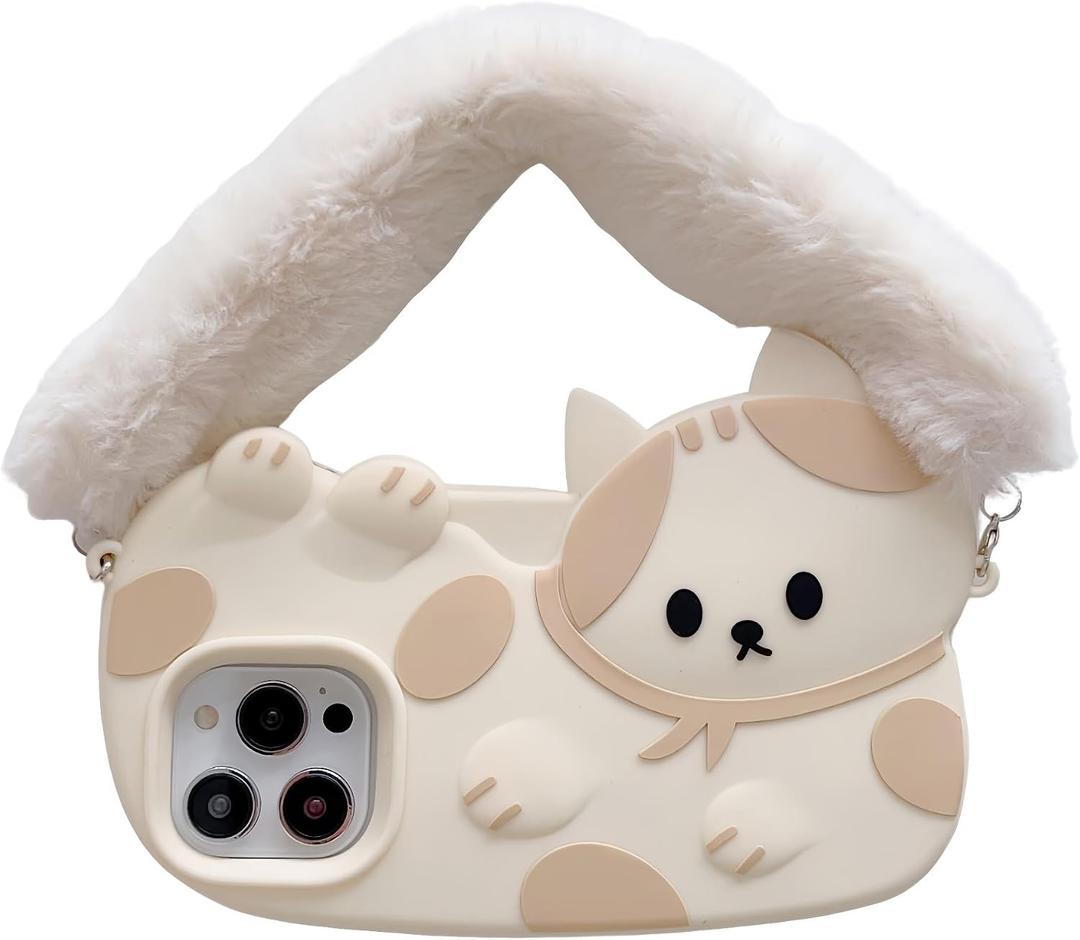 AUCAN Kawaii Cat Case for iPhone 12 Pro Max/13 Pro Max, 3D Cute Soft Silicone Cover with a Bracelet, Animal Funny Shockproof Phone Case for Kids Girls Boys Teens