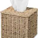 PINXIURY Seagrass Handwoven Wicker Tissue Box Cover, Natural Handmade Napkin Box Holder, Handcrafted Square Facial Tissue Holder for Bathroom, Rustic Decorative on Table and Bathroom,Boho Decorative (Single)