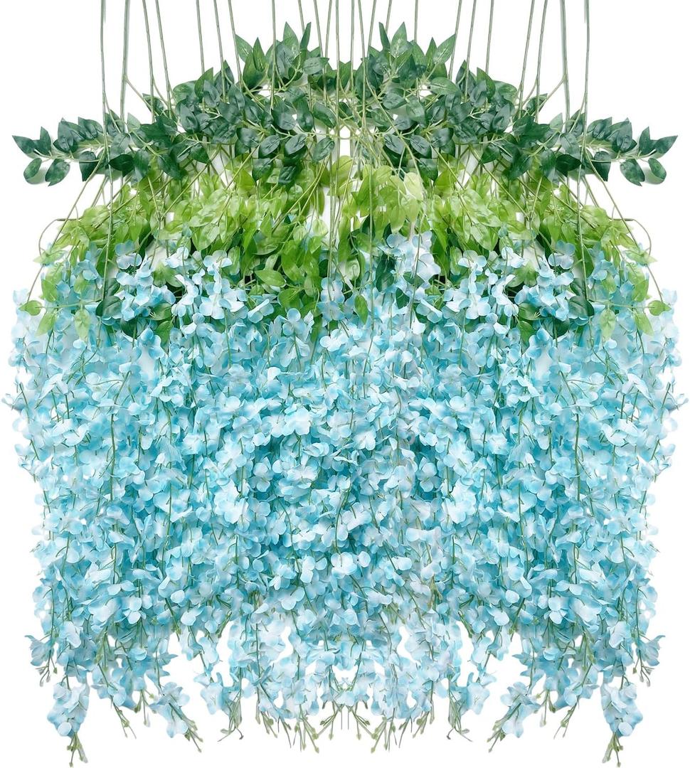 Artificial Wisteria Hanging Flowers Fake Wisteria Flower Garland Silk Vines Rattan Decor for Home Wedding Arch Wall Garden Greenery Bedroom Outdoor Office Party Decoration (12, Blue)