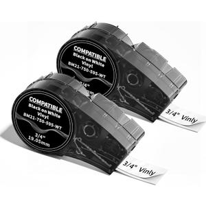 Compatible with M21-750-595-WT 3/4 inch Vinyl Industrial Labeling Tape Black on White High Adhesion, Work for M210, M211, BMP21-Plus, BMP21 LAB Printer, 0.75" W x 21' L, 2-Pack