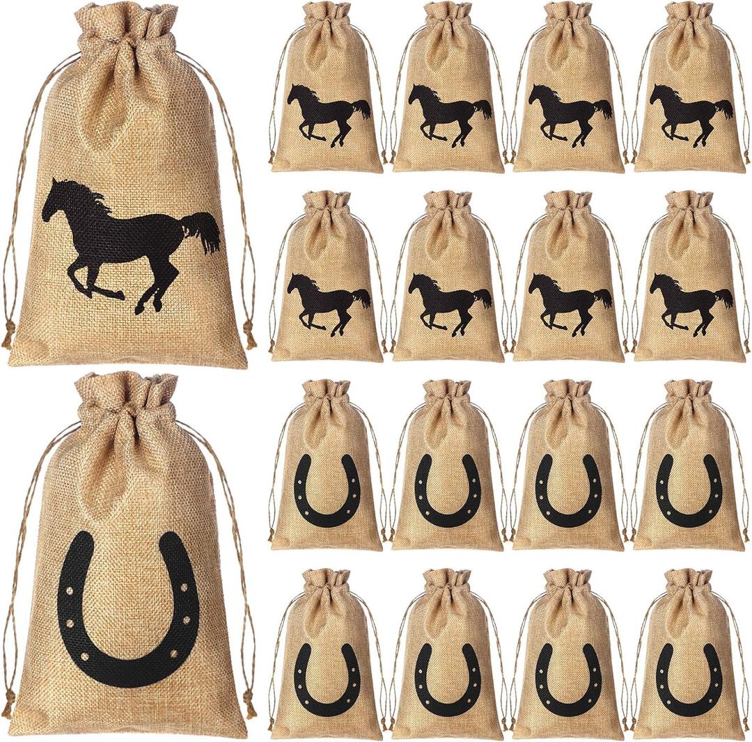 Vincreem 16 Pieces Western Horse Gift Bags Cowboy Party Favor Bags with Drawstring Reusable Treat Goodie Candy Sackpacks Horsehead and Horseshoe Pattern for Cowboy Birthday Party Favor(6x8 Inch)