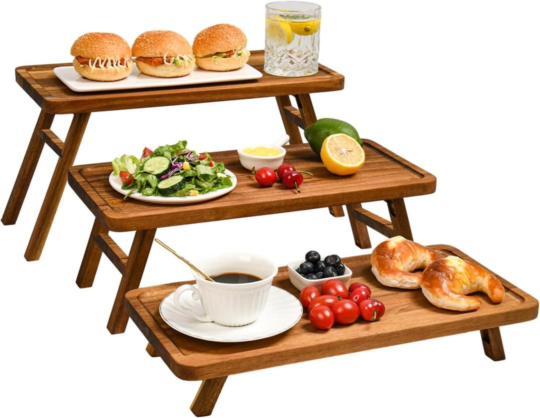 GEHE 3 Tier Serving Stand, Acacia Wood Dessert Table Display Cupcake Stand, Rustic Foldable 3-Tiered Serving Trays & Platters, Large Charcuterie Board for Birthday Wedding Bridal Shower Tea Party, 17"L x 8"W x 0.9"H