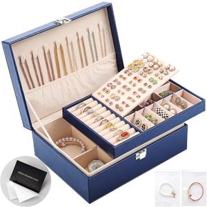 Jewelry Organizer Box PU Leather Jewelry Box for Girls Womens Earring Organizer Boxes 2 Layer Large Jewelry Storage Case Removable Tray for Necklace Earring Ring with Polishing Cloth and Jewelry Bags (Royal blue)