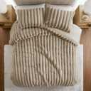 Madison Park Jasmine King Comforter Set, Luxurious Reversible Faux Fur Plush Ribbed Velvet Bedding, Fuzzy Thick Warm Winter Comforter, Super Soft Fluffy 3-Piece Set Taupe