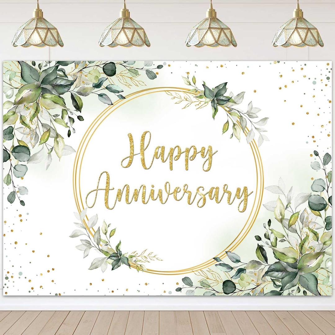 Sensfun 7x5ft Happy Anniversary Backdrop Sage Green Eucalyptus Wedding Anniversary Party Decorations Greenery Marriage Memorial Day Cheers to 10 Years 25th 40th 50th Wedding Day Banner