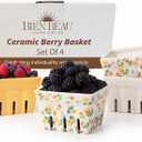 BIEN BEAU Ceramic Berry Basket, Farmhouse Colander, Farmers Market square Bowl. Rustic Kitchen decor fruit bowls, Fruit Baskets, Yellow, White and floral pattern Stoneware Harvest Bowls Set of 4