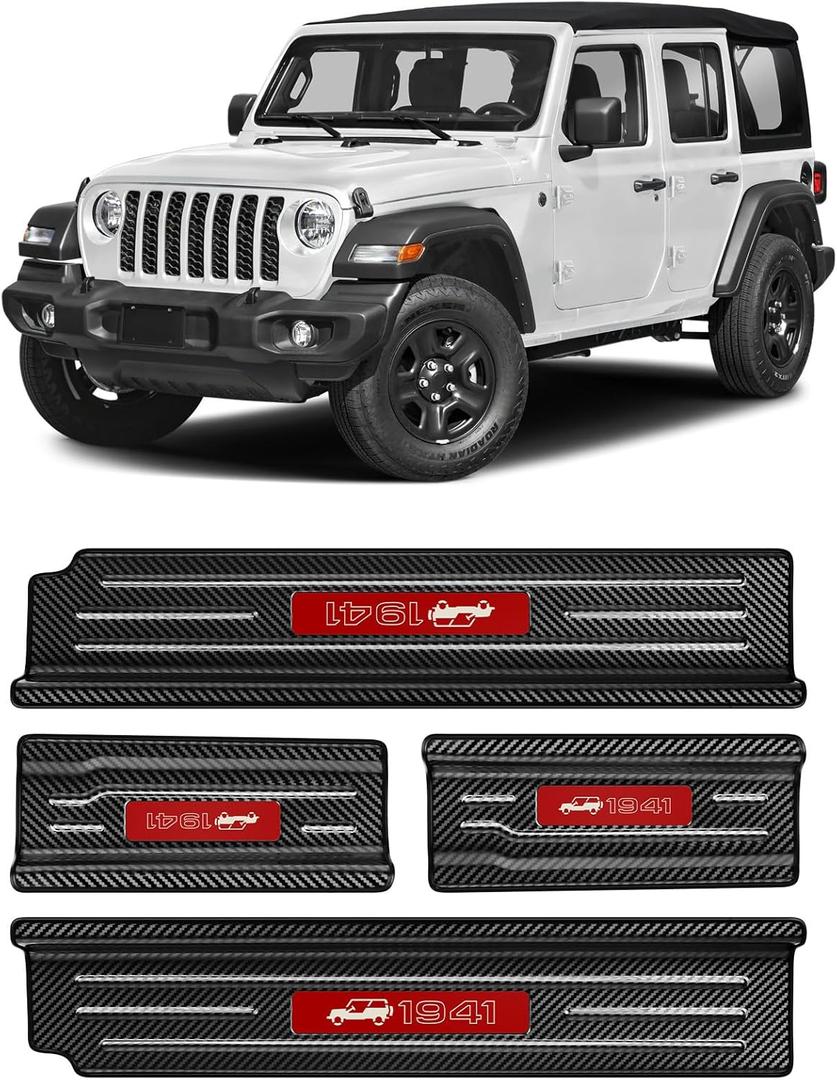 Upgraded Door Sill Guards Compatible with Jeep Wrangler JL JLU 2018-2025 2026 & Gladiator JT 2020-2025 2026 Accessories Stainless Steel Front and Rear Door Entry Guard (4PCS Carbon Fiber)