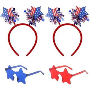 4 PCS Patriotic Party Accessories - Independence Day Headband, Star Sunglasses, Red White Blue Party Favors and Memorial Day Supplies, Missing One Star Sunglasses