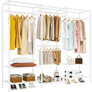 JOISCOPE Wire Garment Rack, Max Load 900 LBS Heavy Duty Clothes Rack for Hanging Clothes, Large Clothing Rack Free Standing Wardrobe Closet Organizer with 4 Rods & 5 Shelves, White (V1)